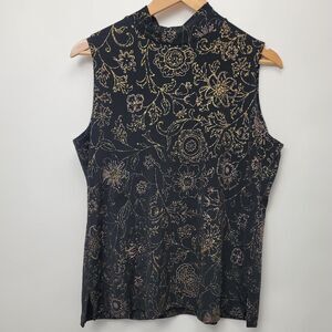 Metallic Floral Sleeveless Mock Neck Top Womens Size Large Black Gold Whimsigoth